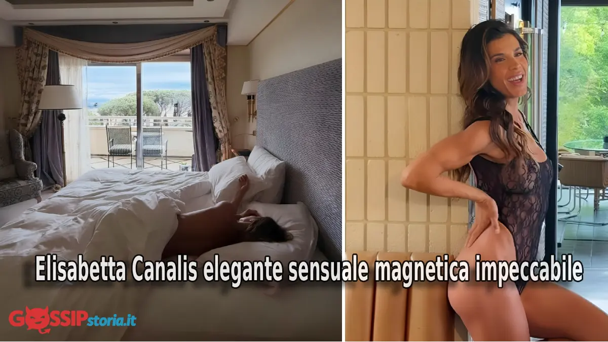 Elisabetta Canalis in body di pizzo trasparente nero durante uno shooting fotografico a 47 anni