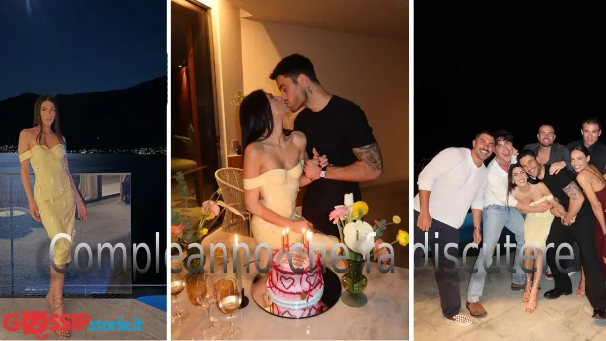 Giulia Salemi festeggia 33 anni con torta rosa e scritta stanca stanca stanca sul lago di Como