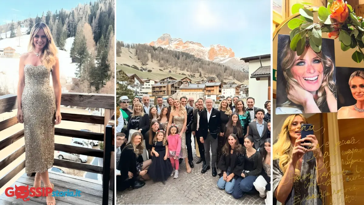 Serena Autieri festeggia 50 anni con la famiglia al Lagaciò Hotel Mountain Residence in Alta Badia, indossando un abito dorato Ermanno Scervino
